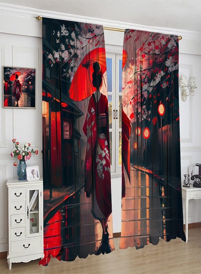 LOMADIA Japanese Blackout Curtain, Beautiful Flower Japan Geisha Girls Umbrella Cherry Blossoms Pattern Decor Windows Rod Pocket Curtains for Bedroom Living Room Kitchen Cafe Office Drapes 42" Wx45 L - Image 3